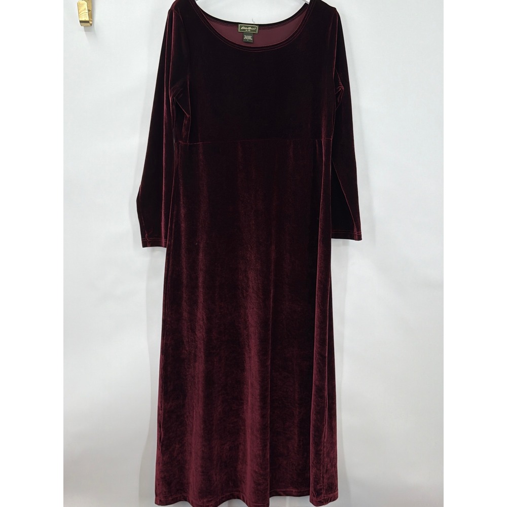 Eddie Bauer Burgundy Velvet Maxi Dress Long Sleeve Empire Waist Maroon Large